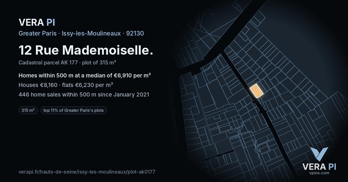 12 Rue Mademoiselle, Issy-les-Moulineaux at night – the plot lit, the parcels around coloured by the prices near them