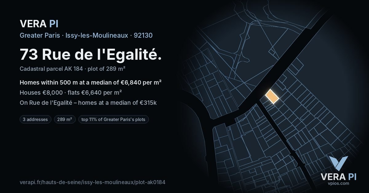 73 Rue de l'Egalité, Issy-les-Moulineaux at night – the plot lit, the parcels around coloured by the prices near them