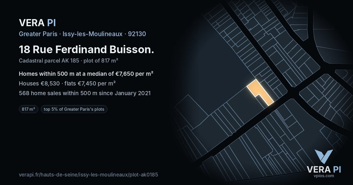 18 Rue Ferdinand Buisson, Issy-les-Moulineaux at night – the plot lit, the parcels around coloured by the prices near them