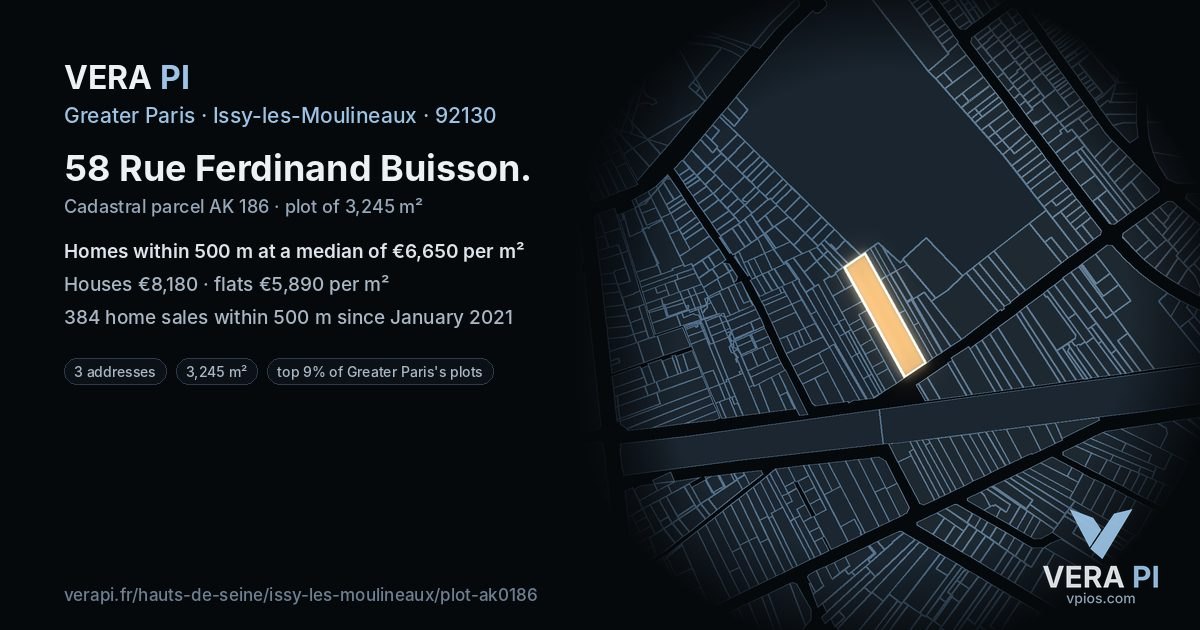 58 Rue Ferdinand Buisson, Issy-les-Moulineaux at night – the plot lit, the parcels around coloured by the prices near them