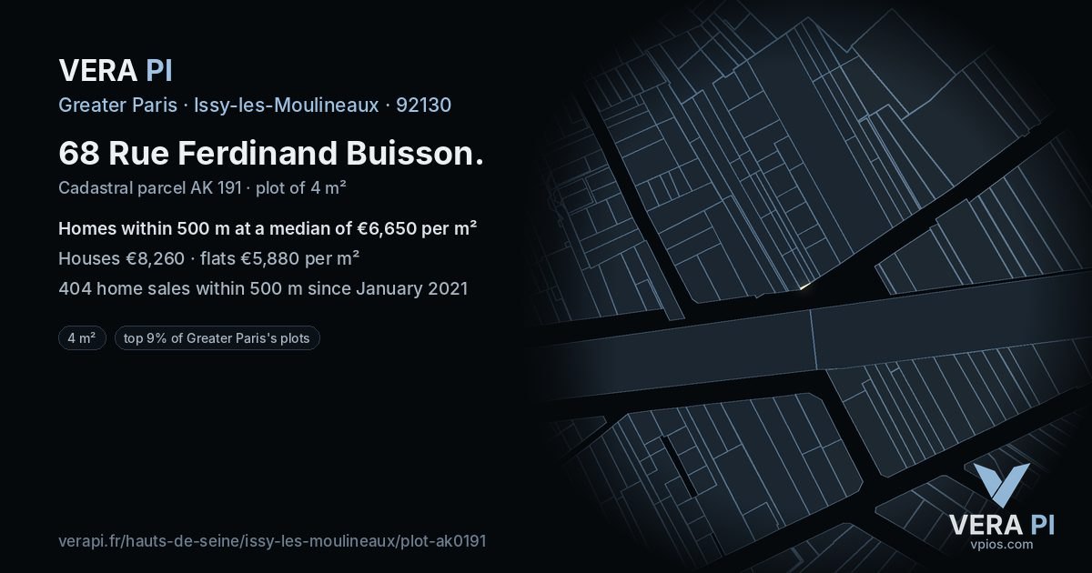 68 Rue Ferdinand Buisson, Issy-les-Moulineaux at night – the plot lit, the parcels around coloured by the prices near them