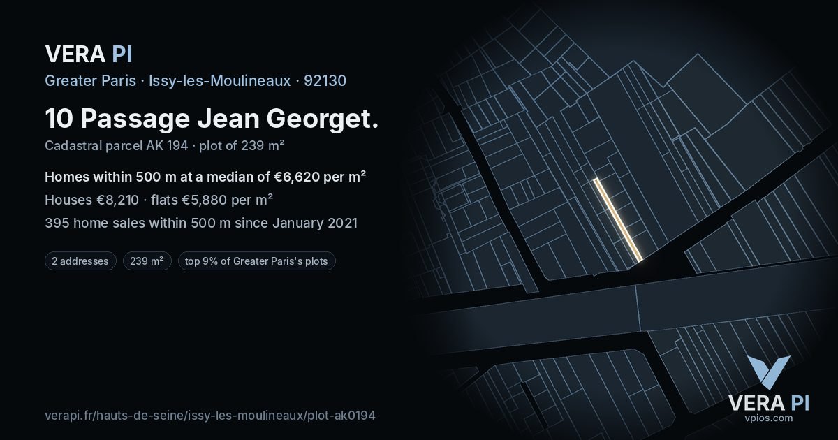 10 Passage Jean Georget, Issy-les-Moulineaux at night – the plot lit, the parcels around coloured by the prices near them