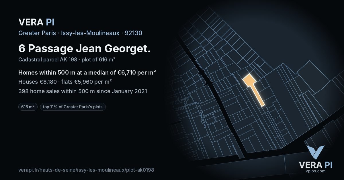 6 Passage Jean Georget, Issy-les-Moulineaux at night – the plot lit, the parcels around coloured by the prices near them