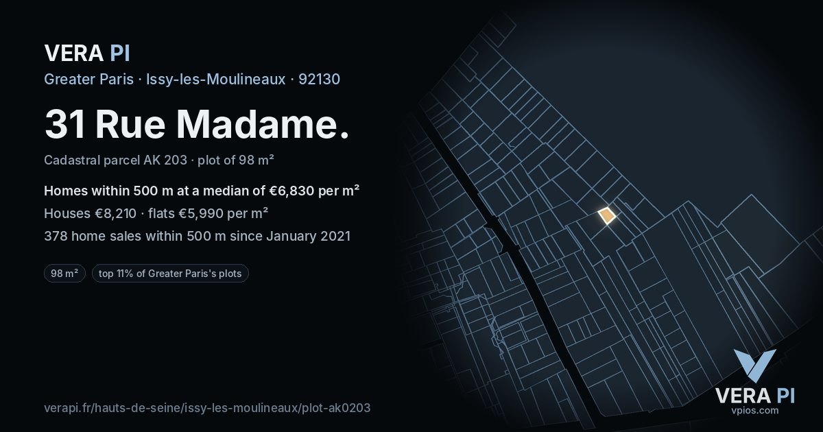 31 Rue Madame, Issy-les-Moulineaux at night – the plot lit, the parcels around coloured by the prices near them