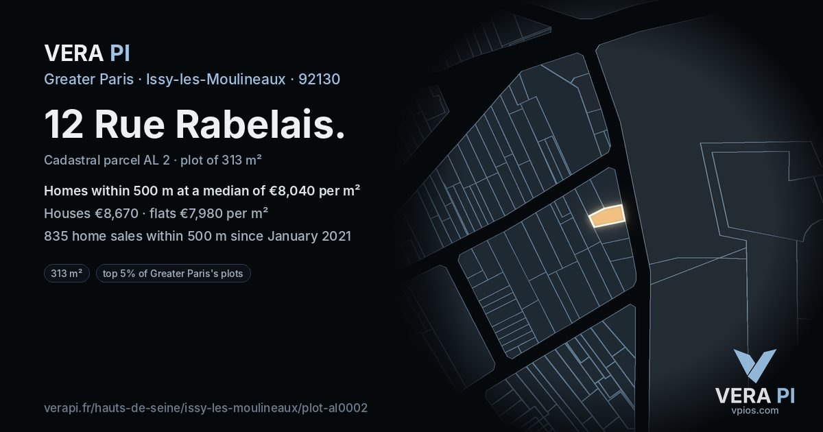 12 Rue Rabelais, Issy-les-Moulineaux at night – the plot lit, the parcels around coloured by the prices near them