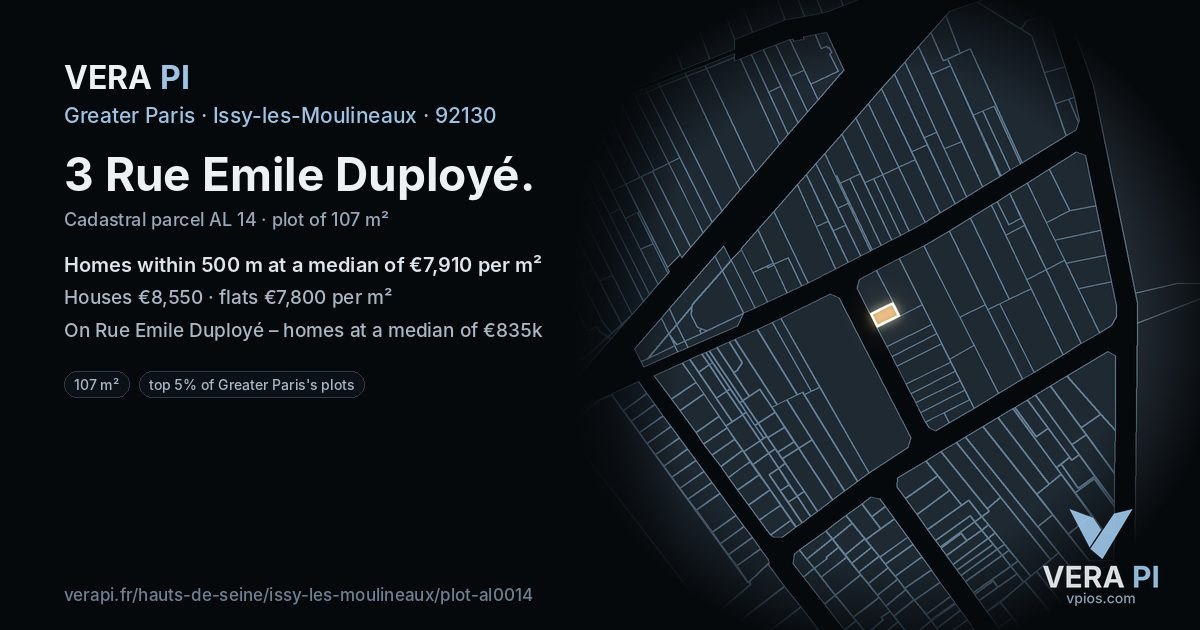 3 Rue Emile Duployé, Issy-les-Moulineaux at night – the plot lit, the parcels around coloured by the prices near them