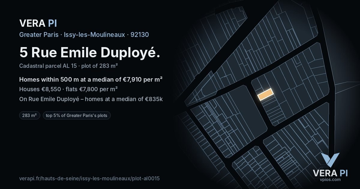 5 Rue Emile Duployé, Issy-les-Moulineaux at night – the plot lit, the parcels around coloured by the prices near them