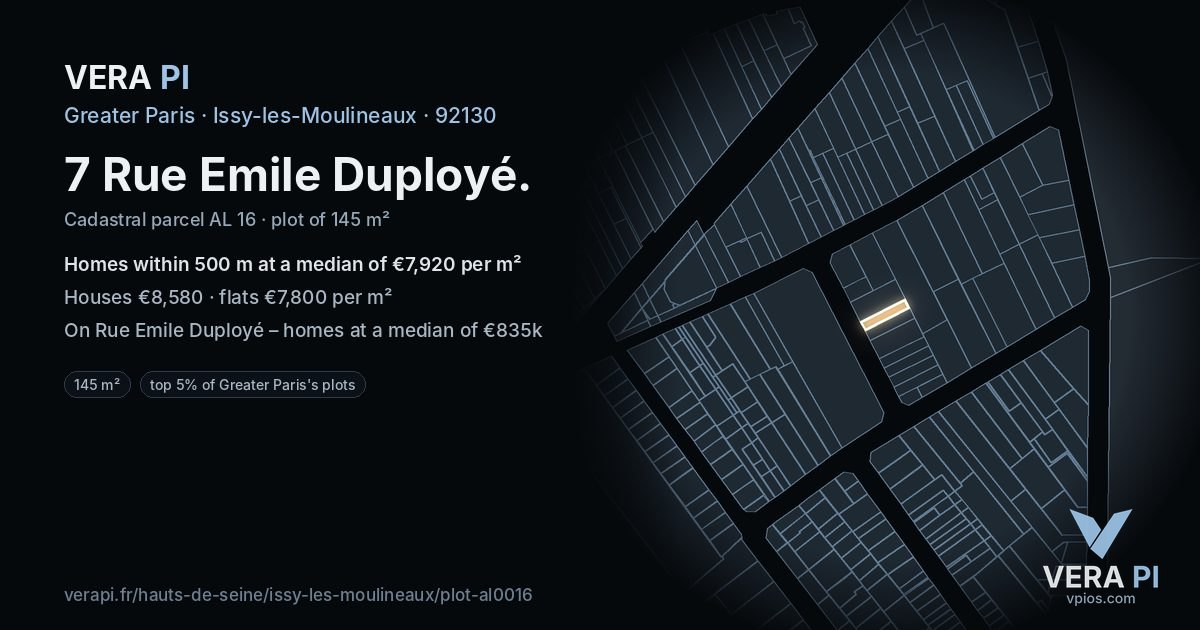 7 Rue Emile Duployé, Issy-les-Moulineaux at night – the plot lit, the parcels around coloured by the prices near them