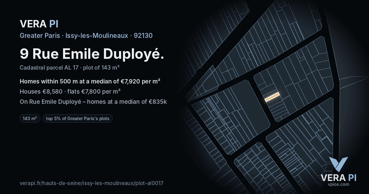 9 Rue Emile Duployé, Issy-les-Moulineaux at night – the plot lit, the parcels around coloured by the prices near them