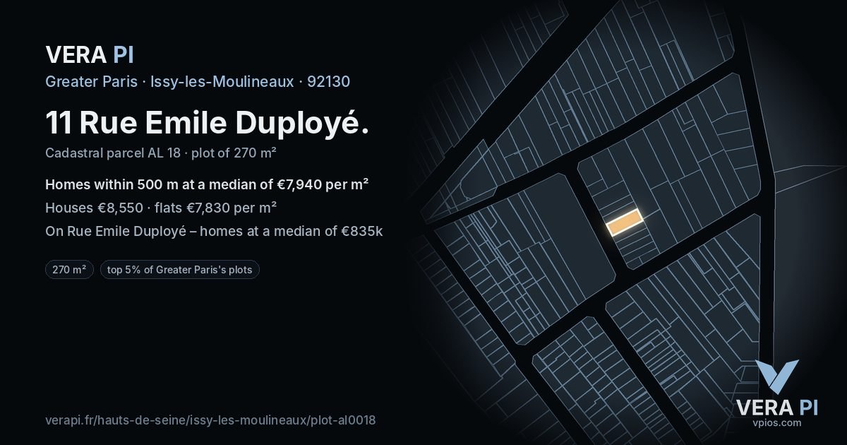 11 Rue Emile Duployé, Issy-les-Moulineaux at night – the plot lit, the parcels around coloured by the prices near them