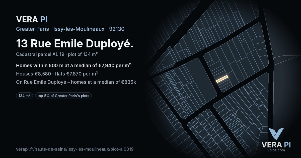 13 Rue Emile Duployé, Issy-les-Moulineaux at night – the plot lit, the parcels around coloured by the prices near them