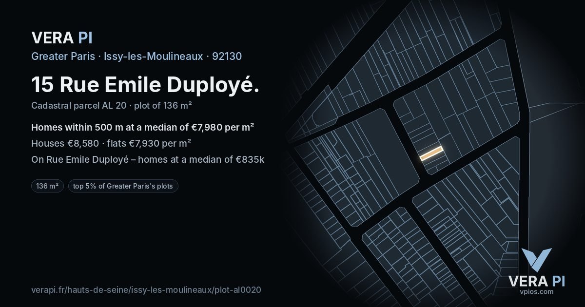 15 Rue Emile Duployé, Issy-les-Moulineaux at night – the plot lit, the parcels around coloured by the prices near them