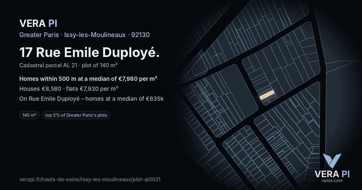 17 Rue Emile Duployé, Issy-les-Moulineaux at night – the plot lit, the parcels around coloured by the prices near them