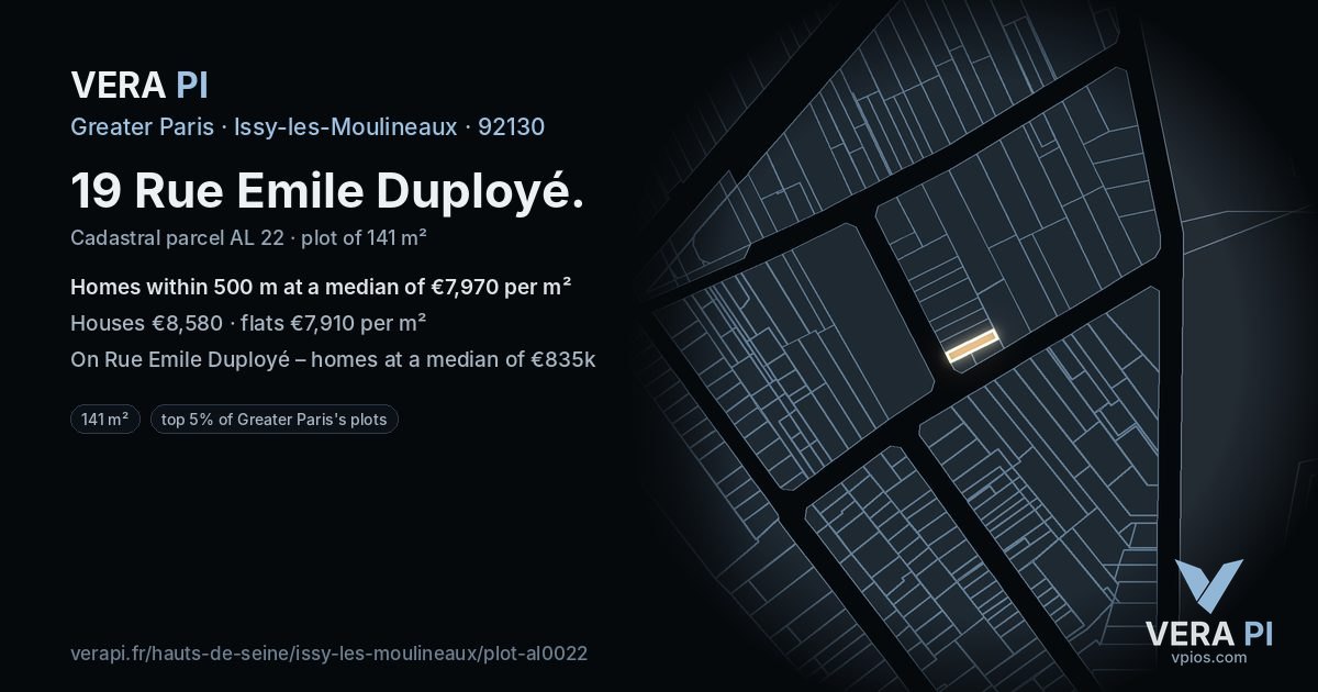 19 Rue Emile Duployé, Issy-les-Moulineaux at night – the plot lit, the parcels around coloured by the prices near them