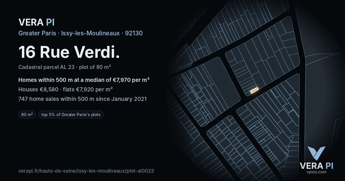 16 Rue Verdi, Issy-les-Moulineaux at night – the plot lit, the parcels around coloured by the prices near them