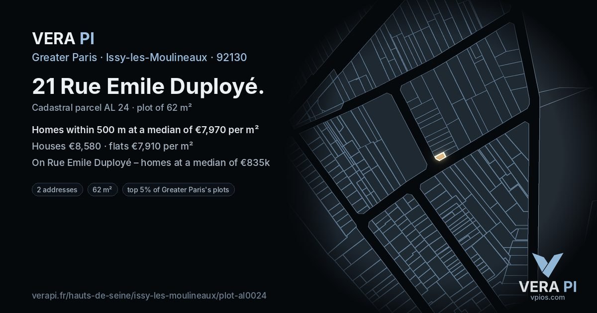 21 Rue Emile Duployé, Issy-les-Moulineaux at night – the plot lit, the parcels around coloured by the prices near them