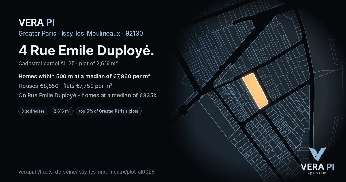 4 Rue Emile Duployé, Issy-les-Moulineaux at night – the plot lit, the parcels around coloured by the prices near them