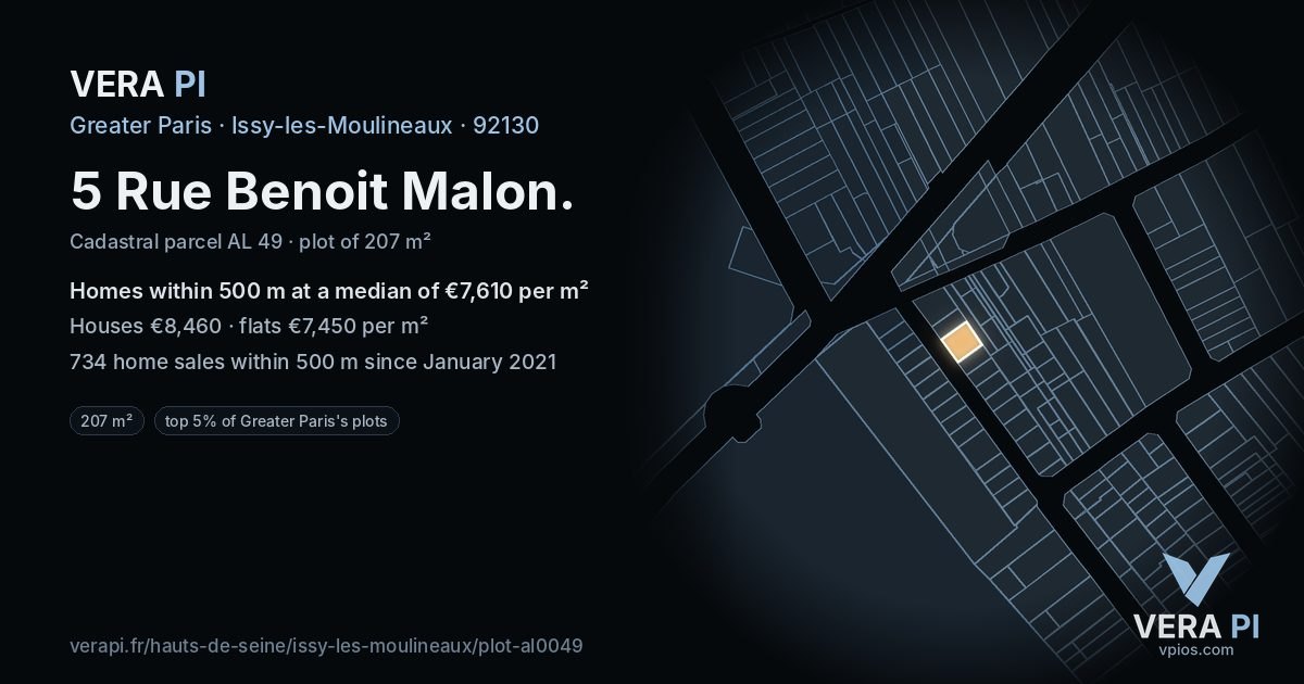 5 Rue Benoit Malon, Issy-les-Moulineaux at night – the plot lit, the parcels around coloured by the prices near them