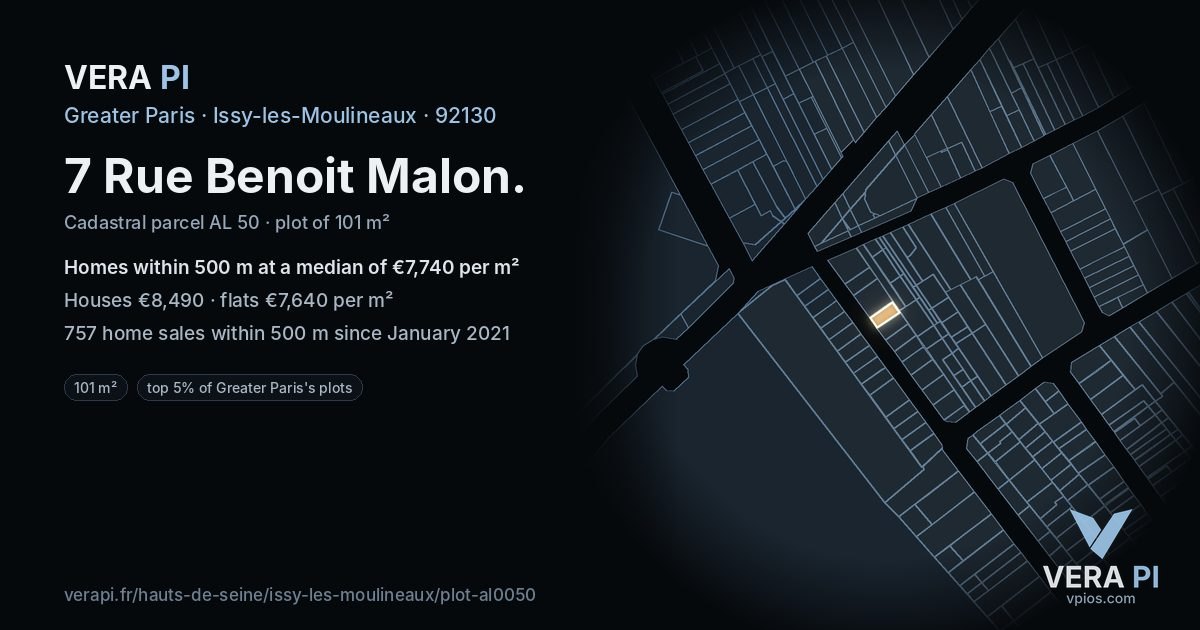 7 Rue Benoit Malon, Issy-les-Moulineaux at night – the plot lit, the parcels around coloured by the prices near them