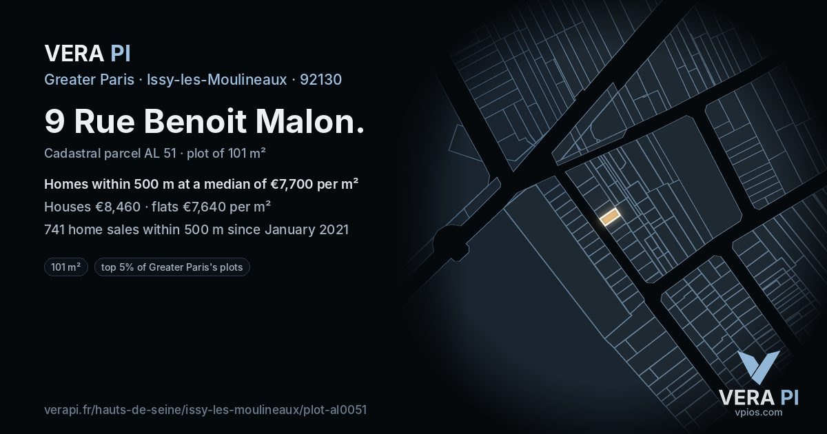 9 Rue Benoit Malon, Issy-les-Moulineaux at night – the plot lit, the parcels around coloured by the prices near them