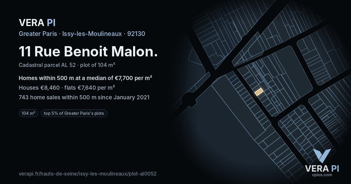 11 Rue Benoit Malon, Issy-les-Moulineaux at night – the plot lit, the parcels around coloured by the prices near them