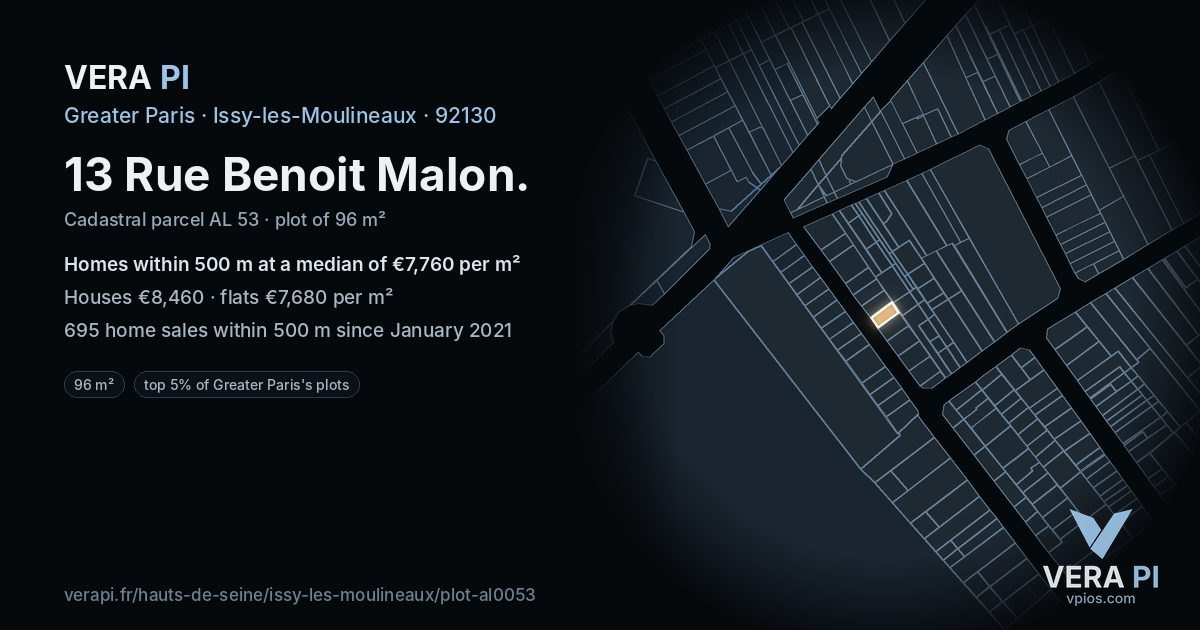13 Rue Benoit Malon, Issy-les-Moulineaux at night – the plot lit, the parcels around coloured by the prices near them