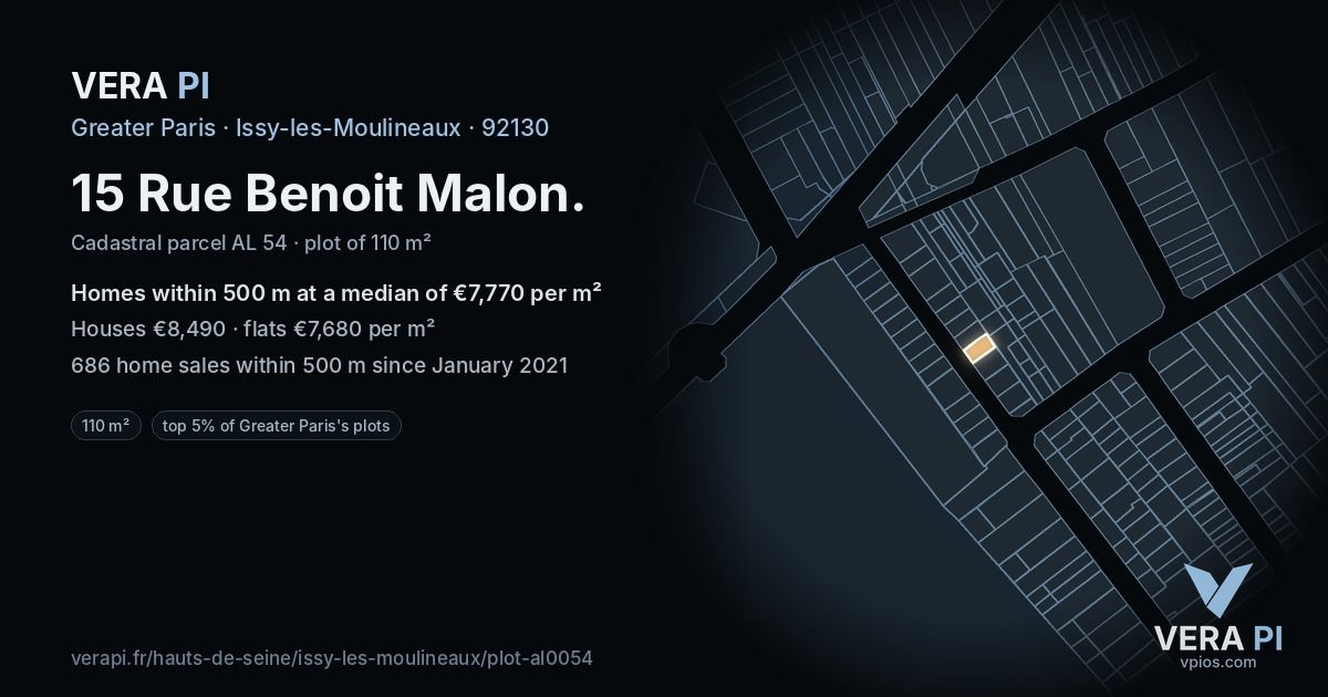 15 Rue Benoit Malon, Issy-les-Moulineaux at night – the plot lit, the parcels around coloured by the prices near them