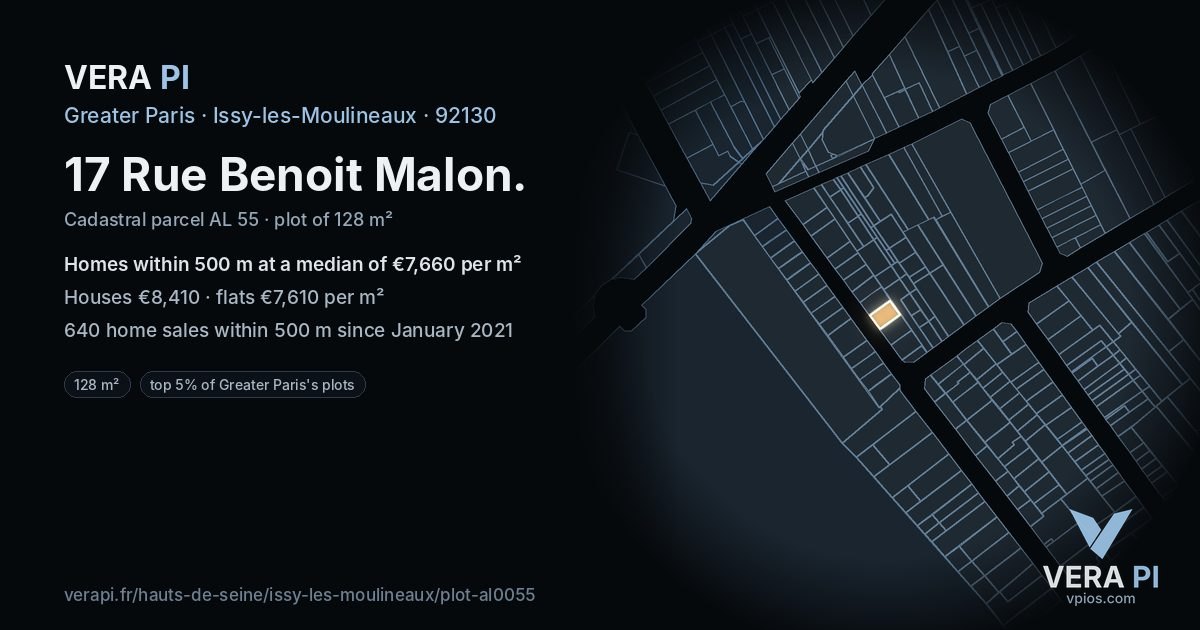 17 Rue Benoit Malon, Issy-les-Moulineaux at night – the plot lit, the parcels around coloured by the prices near them