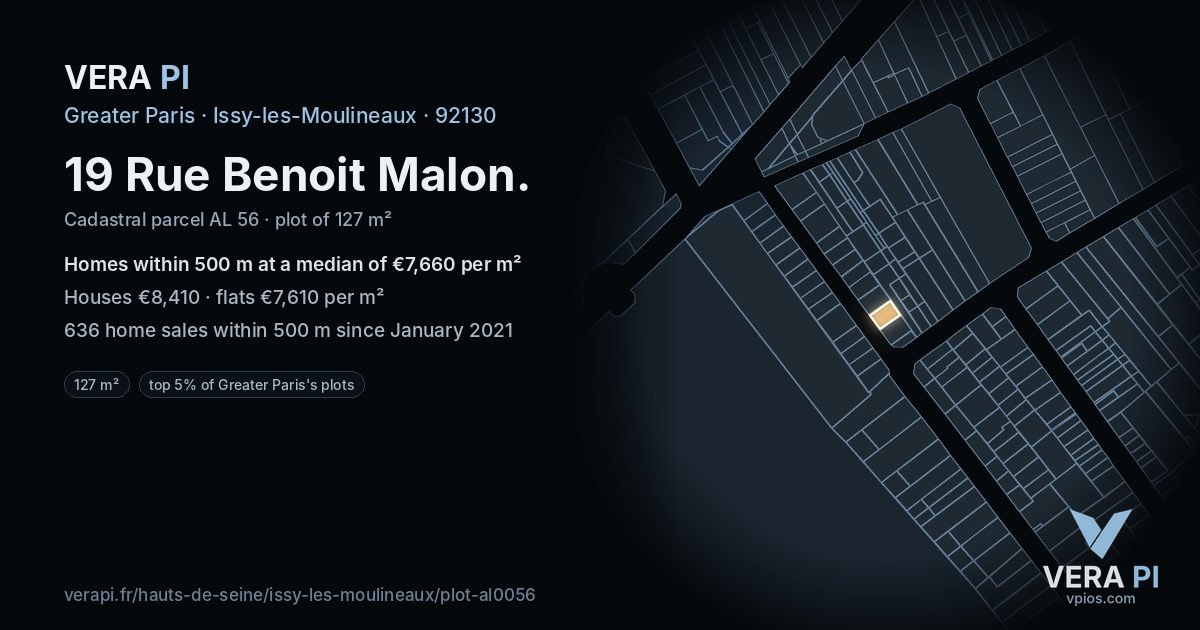 19 Rue Benoit Malon, Issy-les-Moulineaux at night – the plot lit, the parcels around coloured by the prices near them
