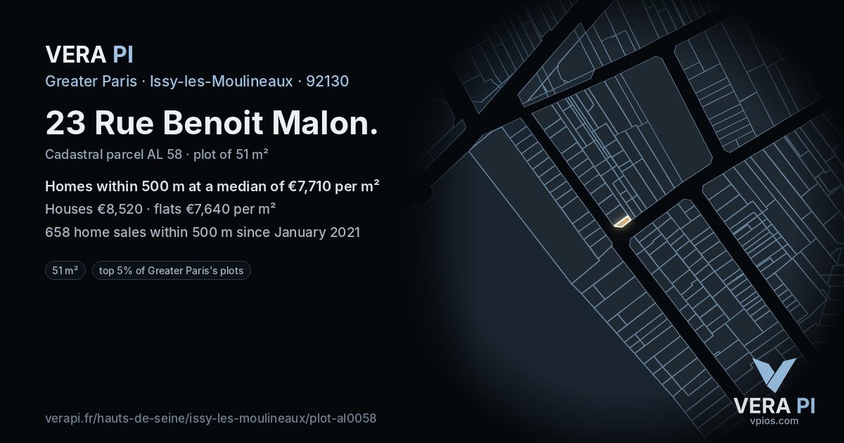 23 Rue Benoit Malon, Issy-les-Moulineaux at night – the plot lit, the parcels around coloured by the prices near them