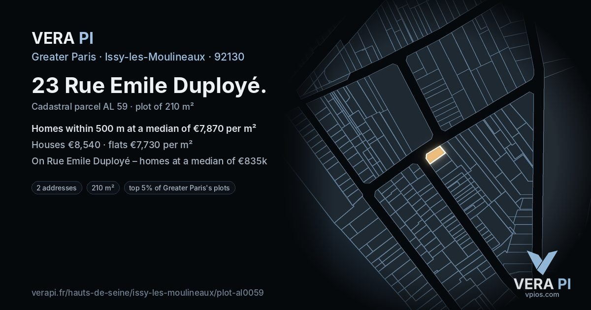23 Rue Emile Duployé, Issy-les-Moulineaux at night – the plot lit, the parcels around coloured by the prices near them