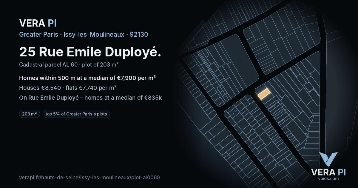25 Rue Emile Duployé, Issy-les-Moulineaux at night – the plot lit, the parcels around coloured by the prices near them