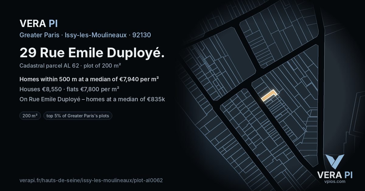 29 Rue Emile Duployé, Issy-les-Moulineaux at night – the plot lit, the parcels around coloured by the prices near them