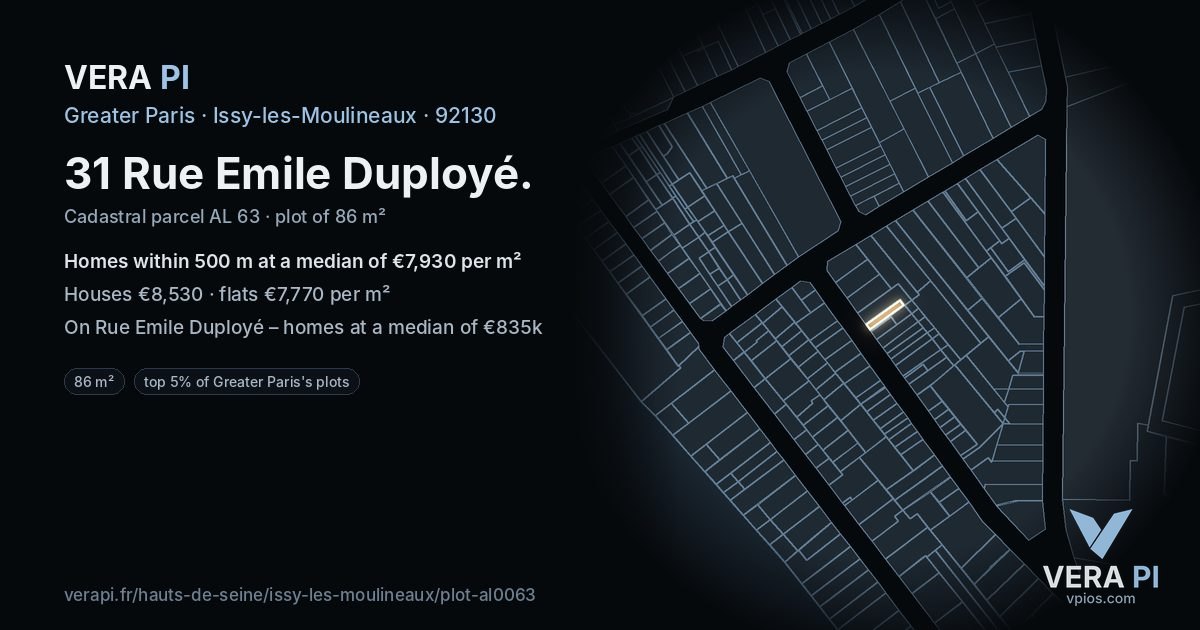 31 Rue Emile Duployé, Issy-les-Moulineaux at night – the plot lit, the parcels around coloured by the prices near them