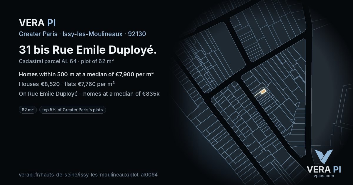 31 bis Rue Emile Duployé, Issy-les-Moulineaux at night – the plot lit, the parcels around coloured by the prices near them