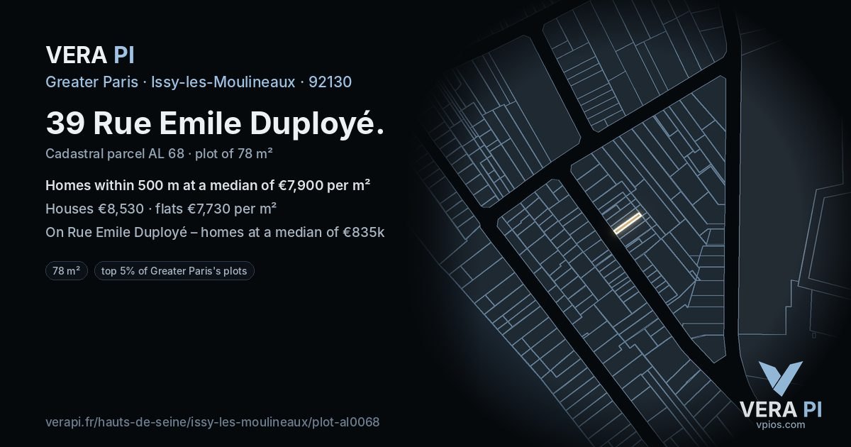 39 Rue Emile Duployé, Issy-les-Moulineaux at night – the plot lit, the parcels around coloured by the prices near them