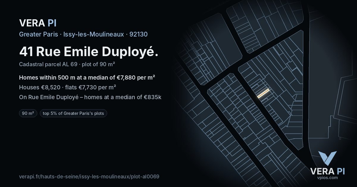 41 Rue Emile Duployé, Issy-les-Moulineaux at night – the plot lit, the parcels around coloured by the prices near them