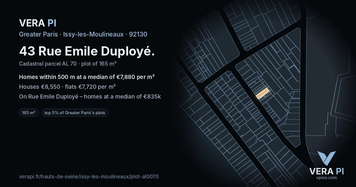 43 Rue Emile Duployé, Issy-les-Moulineaux at night – the plot lit, the parcels around coloured by the prices near them