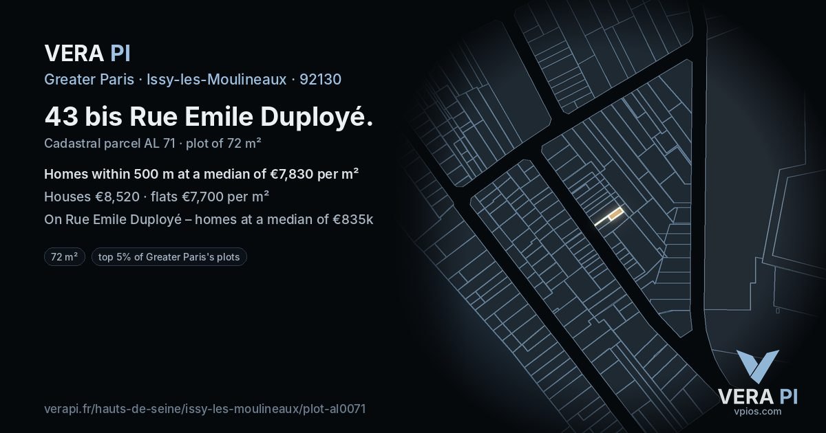 43 bis Rue Emile Duployé, Issy-les-Moulineaux at night – the plot lit, the parcels around coloured by the prices near them