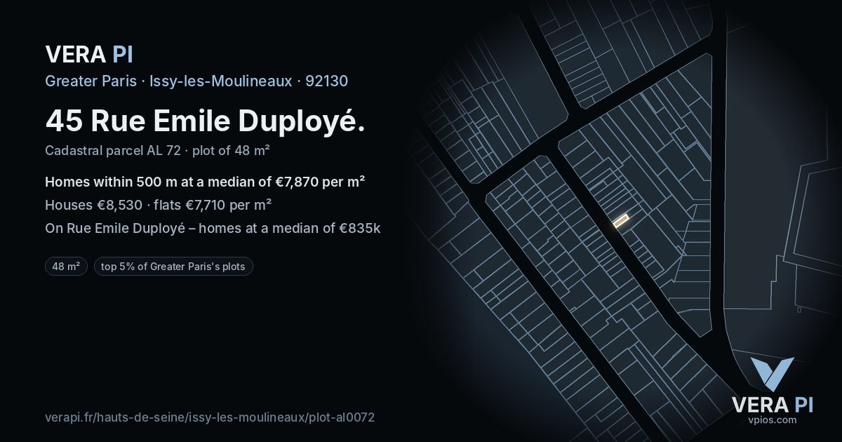 45 Rue Emile Duployé, Issy-les-Moulineaux at night – the plot lit, the parcels around coloured by the prices near them