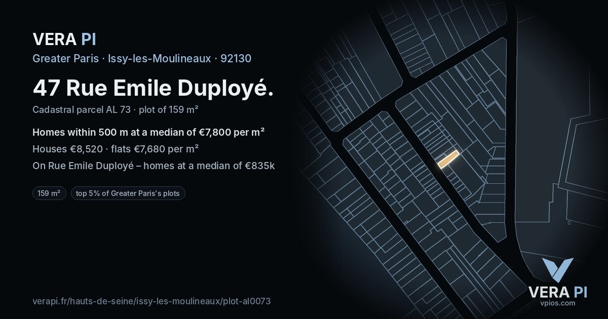 47 Rue Emile Duployé, Issy-les-Moulineaux at night – the plot lit, the parcels around coloured by the prices near them