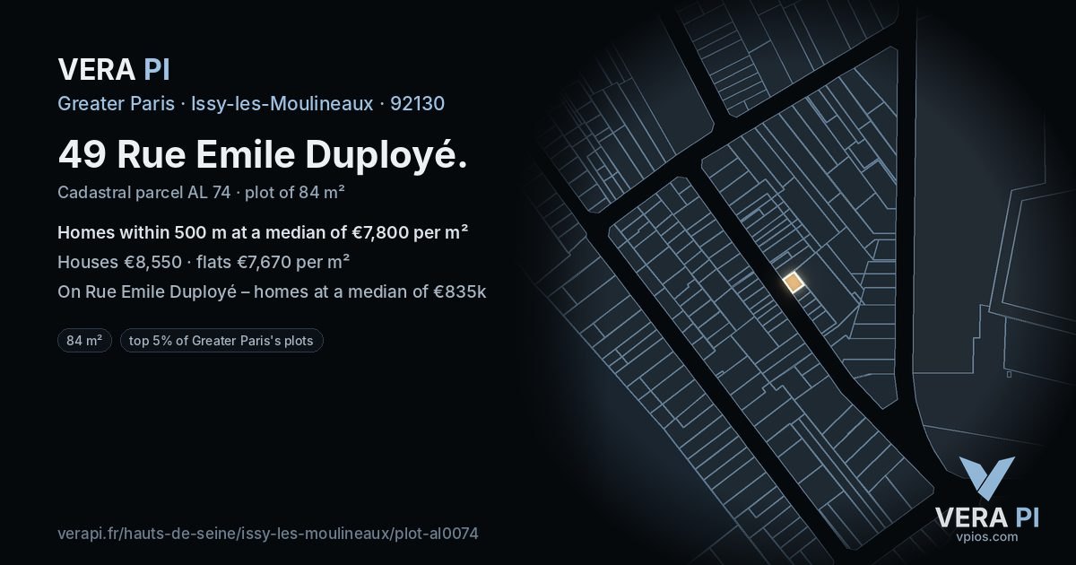 49 Rue Emile Duployé, Issy-les-Moulineaux at night – the plot lit, the parcels around coloured by the prices near them