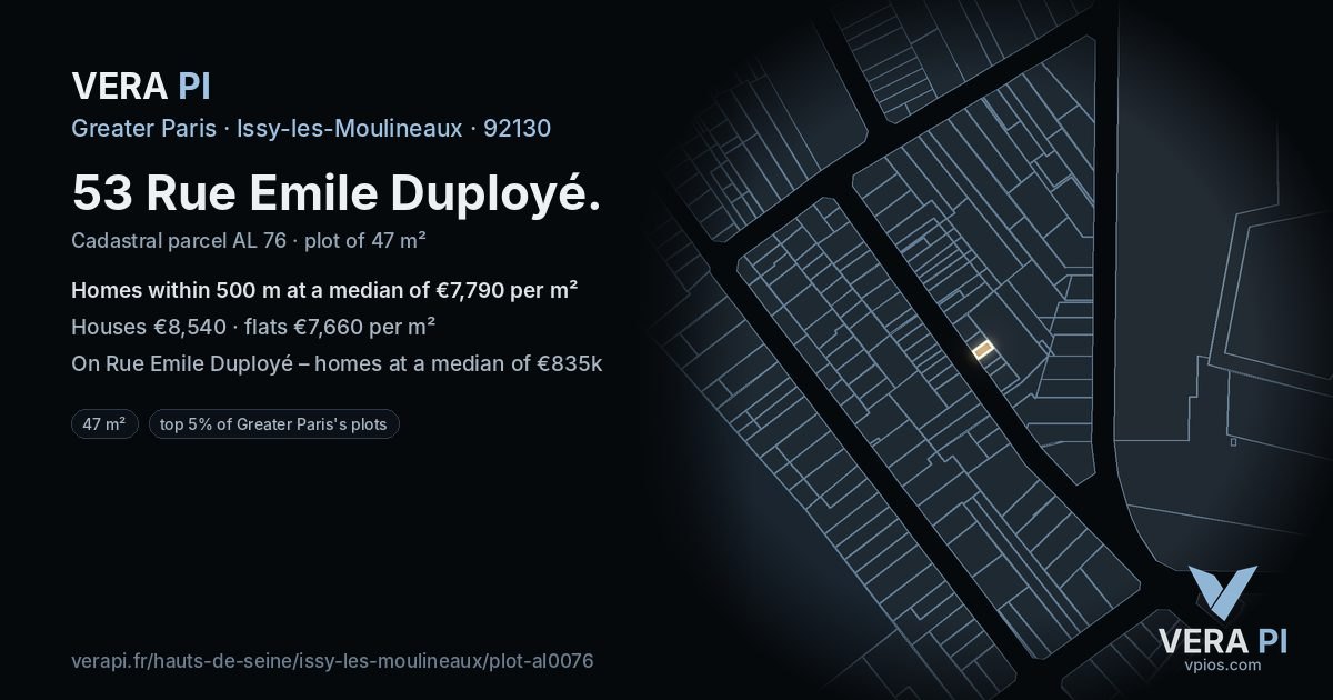 53 Rue Emile Duployé, Issy-les-Moulineaux at night – the plot lit, the parcels around coloured by the prices near them
