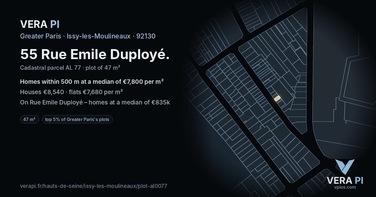 55 Rue Emile Duployé, Issy-les-Moulineaux at night – the plot lit, the parcels around coloured by the prices near them