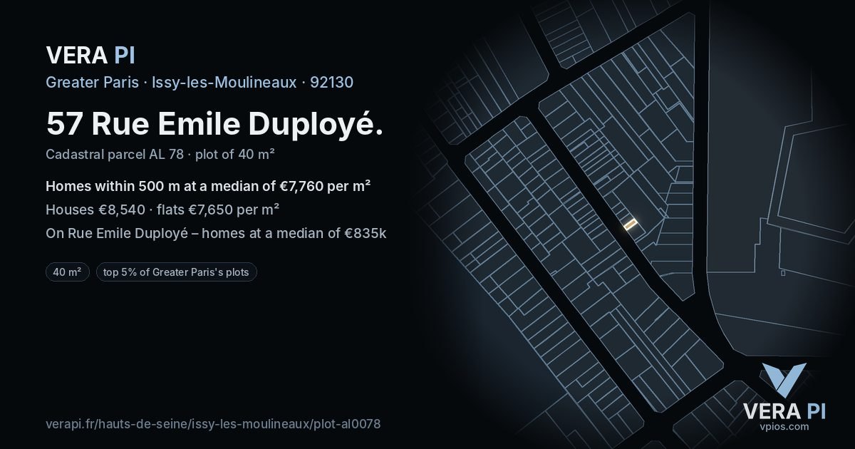 57 Rue Emile Duployé, Issy-les-Moulineaux at night – the plot lit, the parcels around coloured by the prices near them