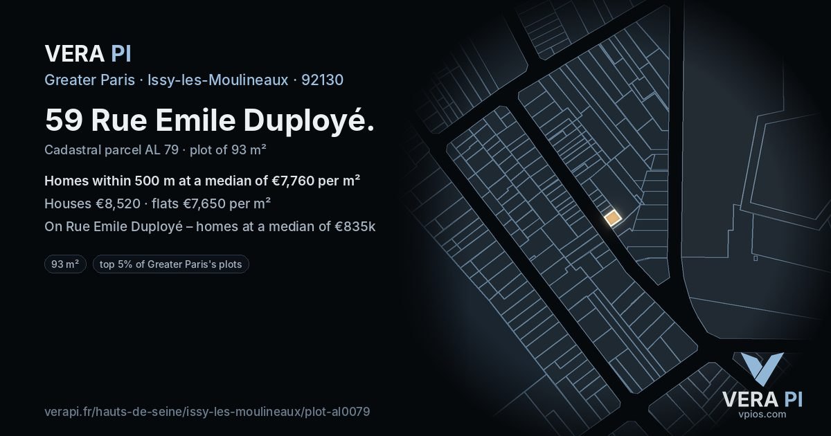 59 Rue Emile Duployé, Issy-les-Moulineaux at night – the plot lit, the parcels around coloured by the prices near them