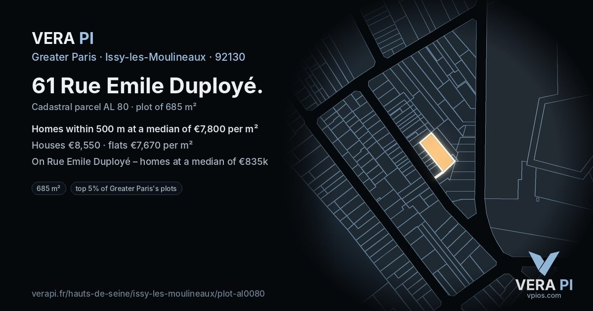 61 Rue Emile Duployé, Issy-les-Moulineaux at night – the plot lit, the parcels around coloured by the prices near them