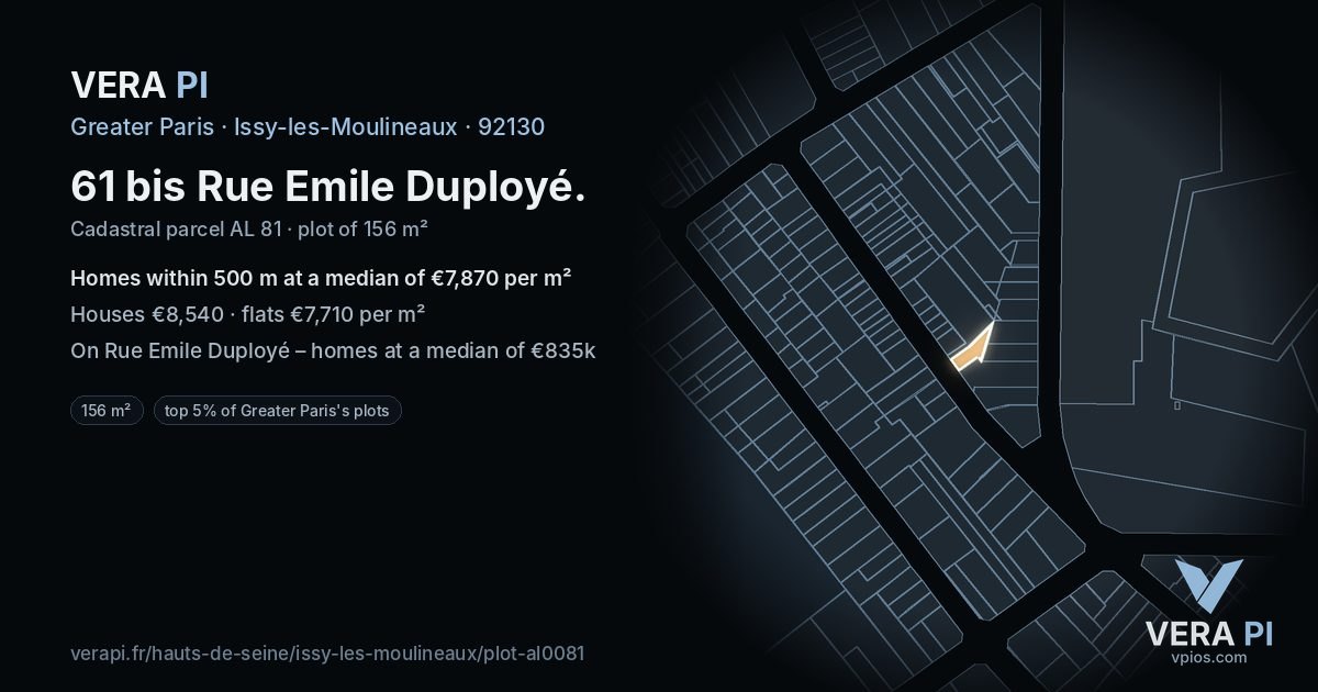 61 bis Rue Emile Duployé, Issy-les-Moulineaux at night – the plot lit, the parcels around coloured by the prices near them