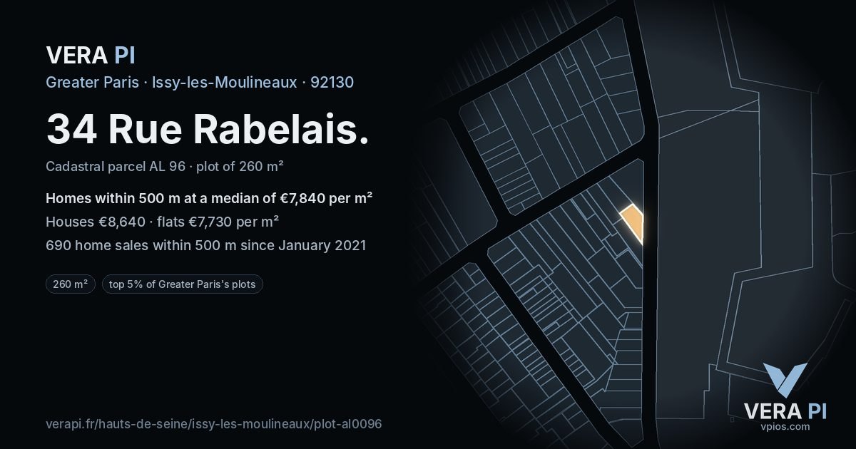 34 Rue Rabelais, Issy-les-Moulineaux at night – the plot lit, the parcels around coloured by the prices near them