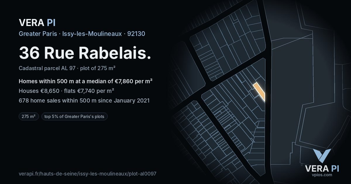 36 Rue Rabelais, Issy-les-Moulineaux at night – the plot lit, the parcels around coloured by the prices near them